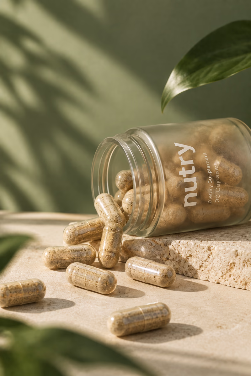 Nutry capsules spilling from a tipped-over jar