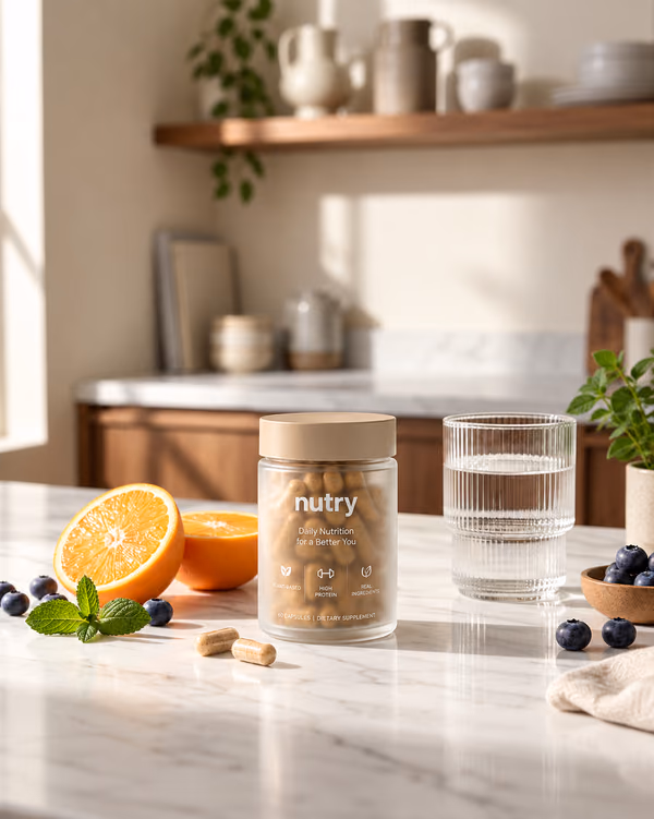 Nutry jar on a kitchen counter with water and fruit